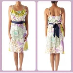 Anthro MAEVE womens 8 Silk Floral Slip Dress Ruffle Neckline Purple Ivory Green